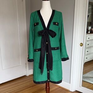 Pomander Place Green Long Sleeve Bow-Front Coat Dress with Black Trim